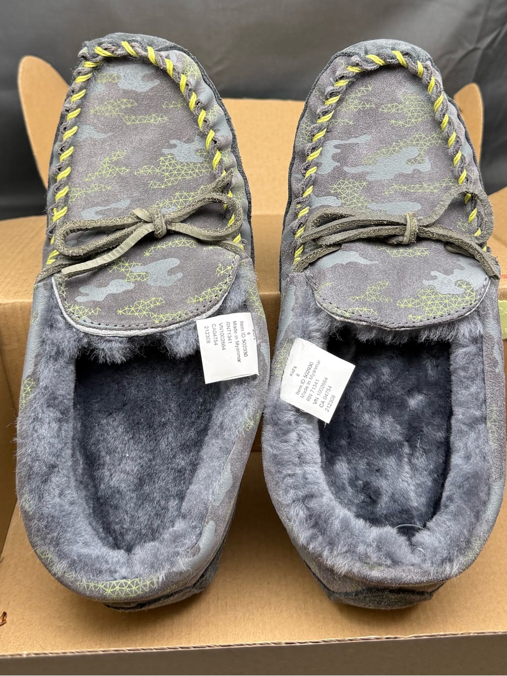 Cozy Gray Camo Faux-Fur Moccasin Slippers